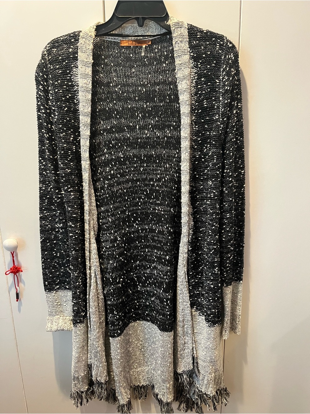 Belldini Black & Cream Open-Front Fringe Cardigan medium